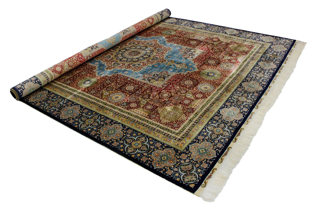 8x10 Red and Navy Turkish Silk Rug