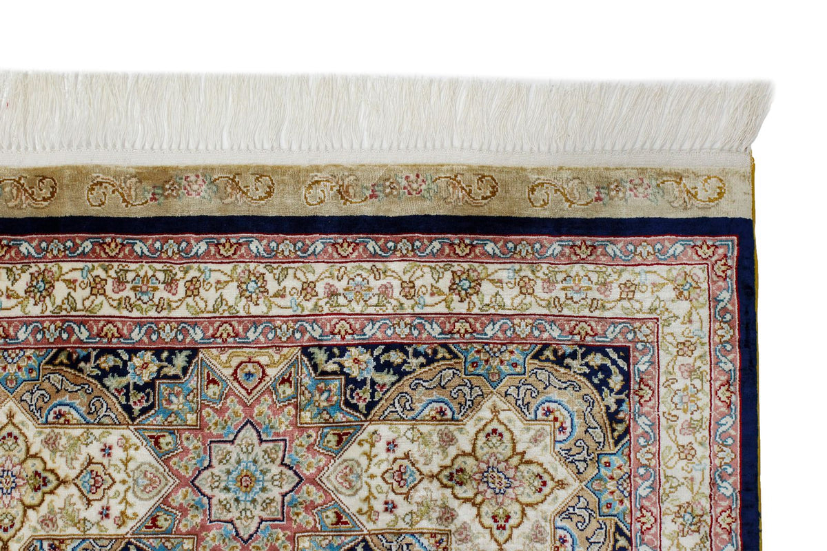 8x10 Navy and Ivory Turkish Silk Rug