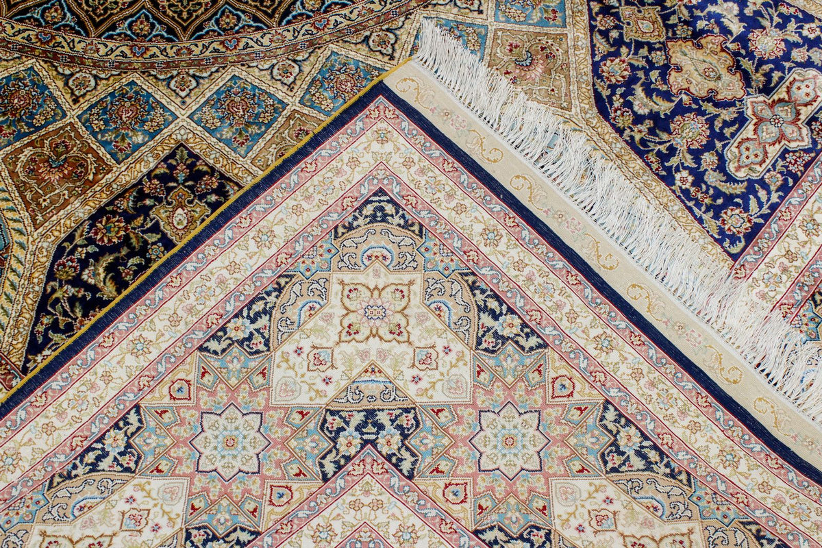 8x10 Navy and Ivory Turkish Silk Rug