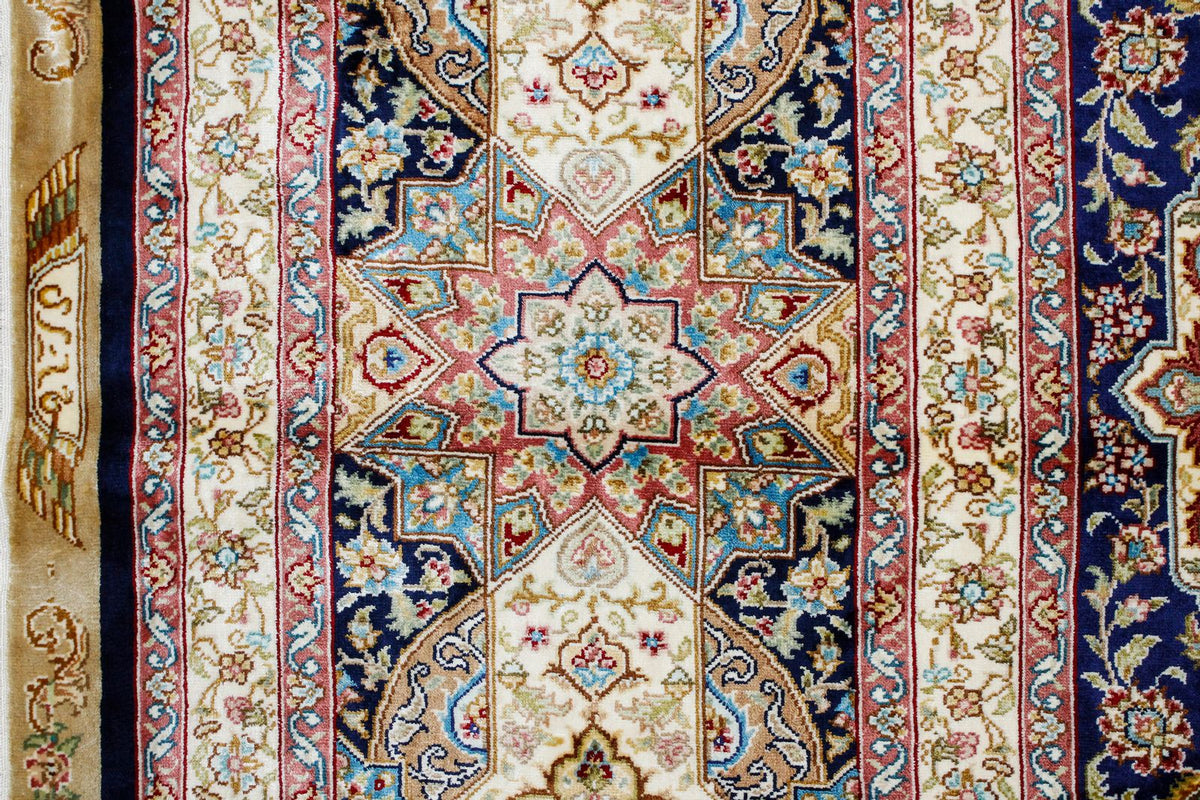 8x10 Navy and Ivory Turkish Silk Rug