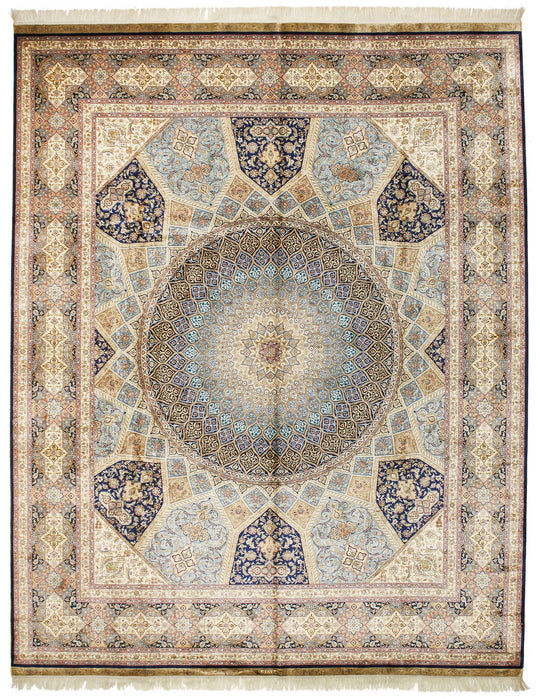 8x10 Navy and Ivory Turkish Silk Rug