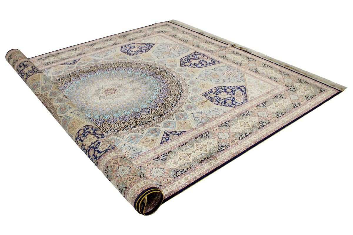 8x10 Navy and Ivory Turkish Silk Rug