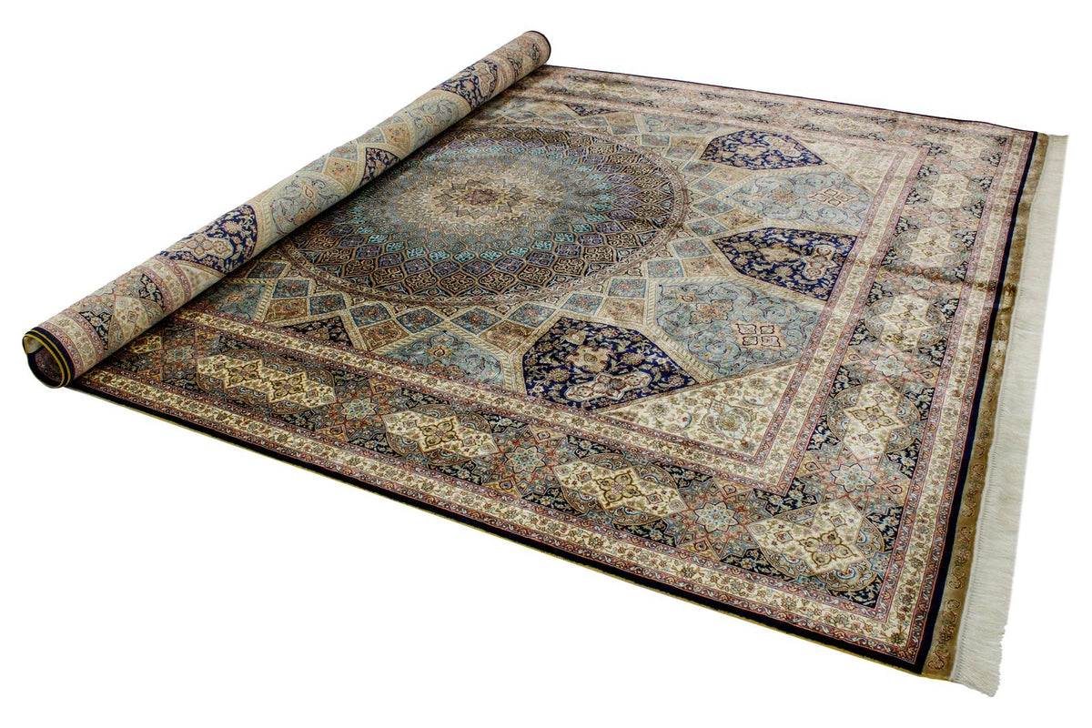 8x10 Navy and Ivory Turkish Silk Rug