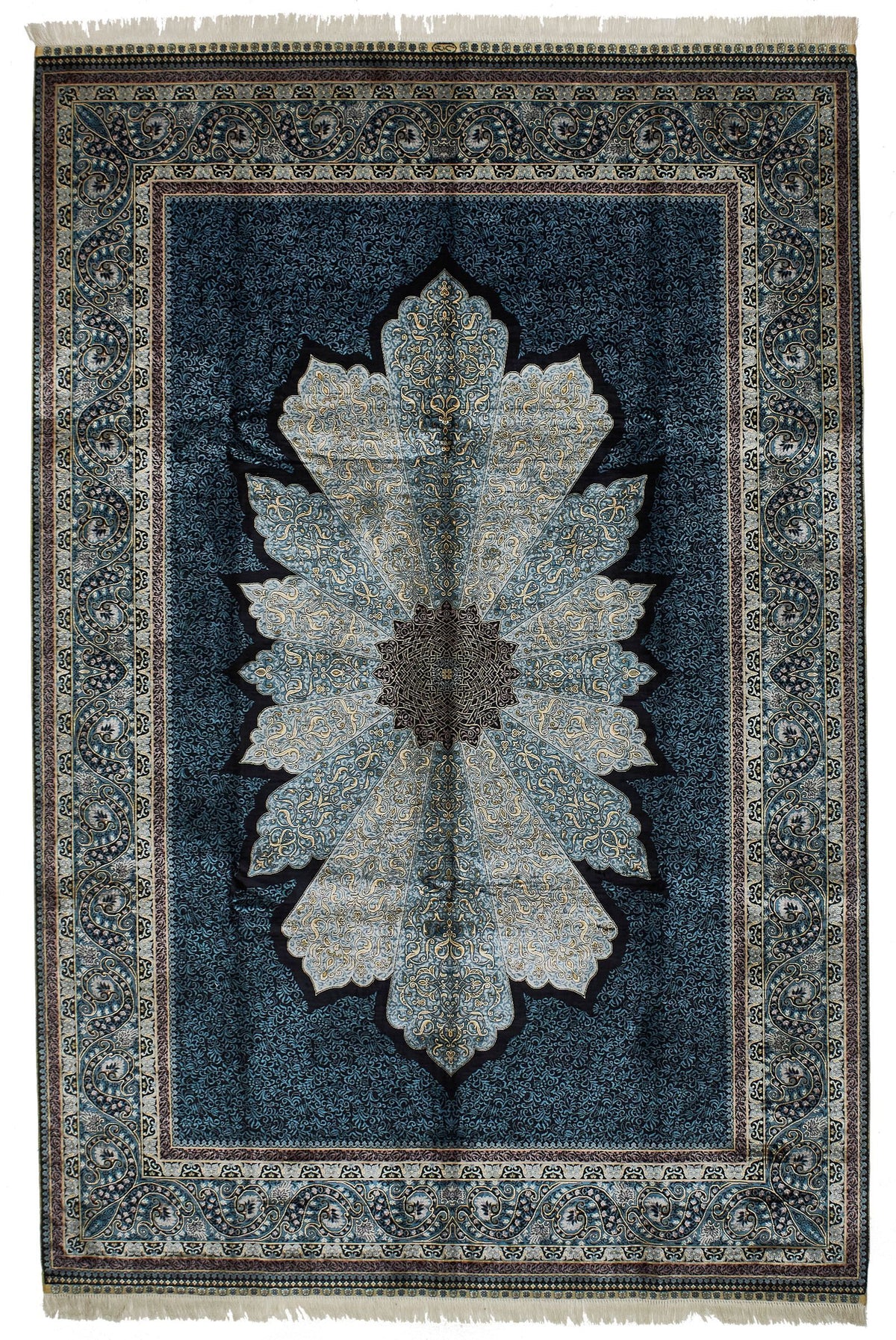 7x10 Black and Blue Turkish Silk Rug