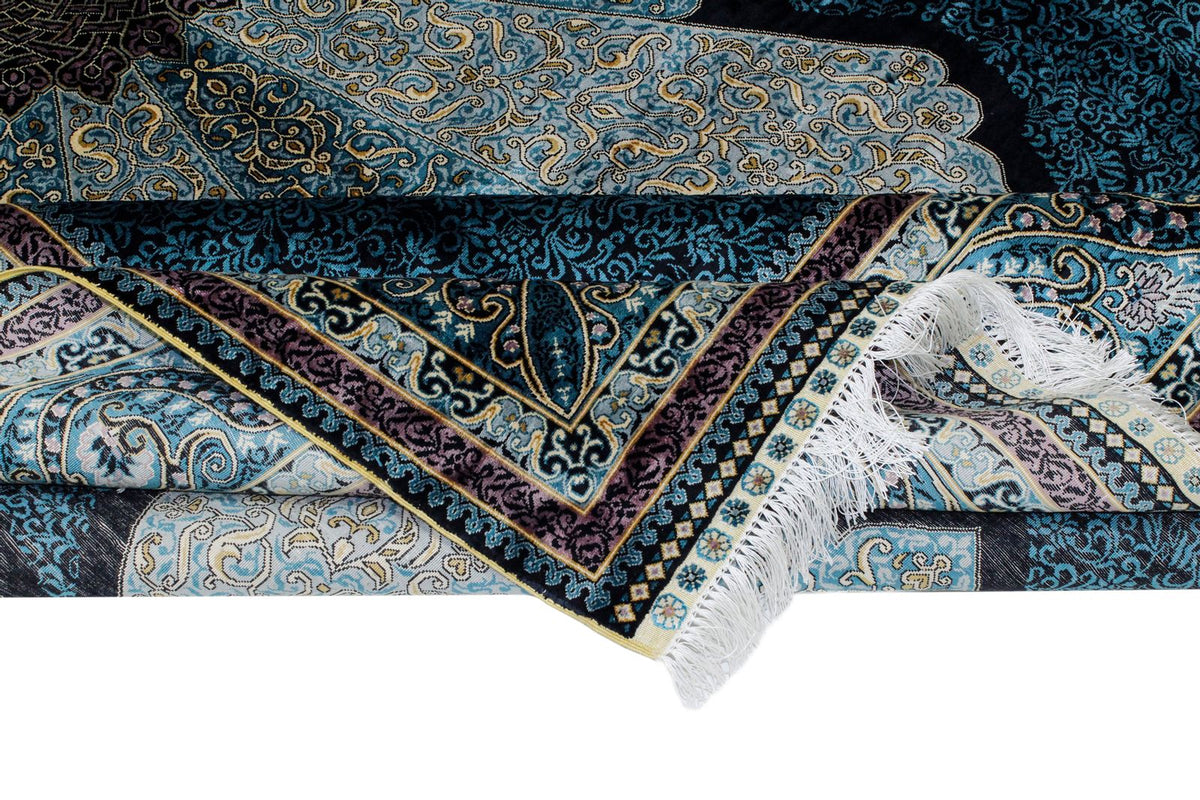 7x10 Black and Blue Turkish Silk Rug