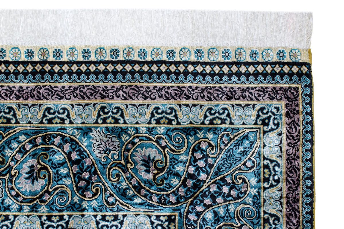 7x10 Black and Blue Turkish Silk Rug