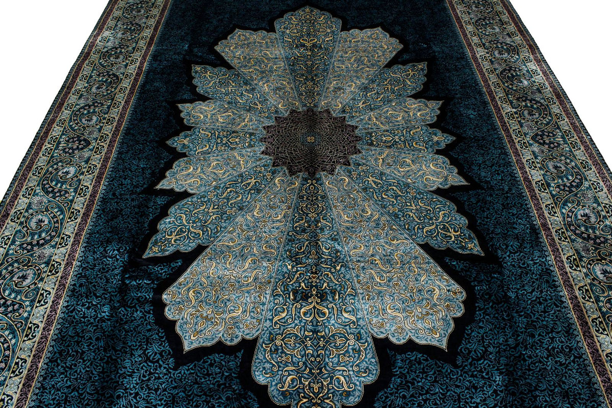 7x10 Black and Blue Turkish Silk Rug