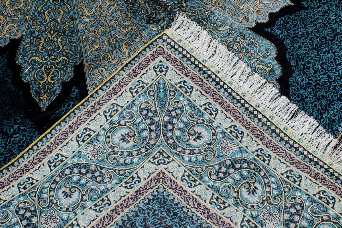 7x10 Black and Blue Turkish Silk Rug