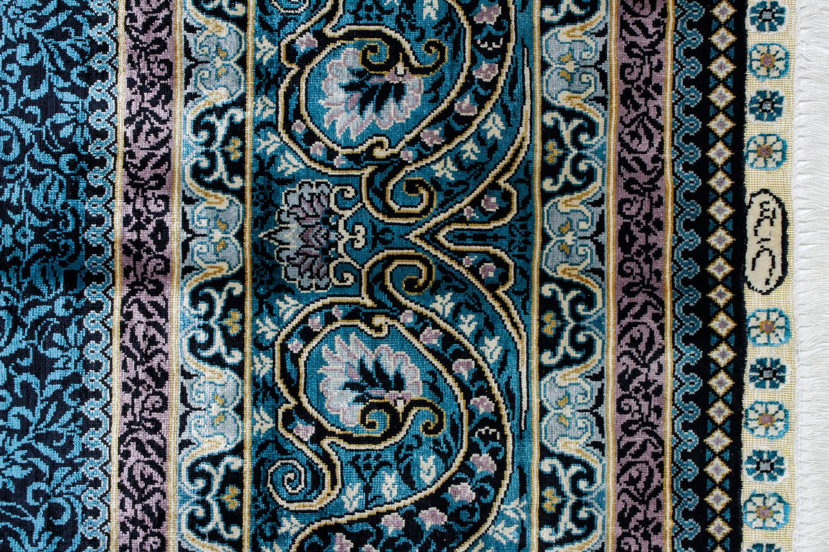 7x10 Black and Blue Turkish Silk Rug
