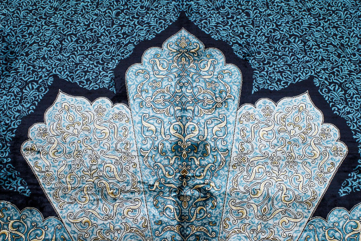 7x10 Black and Blue Turkish Silk Rug