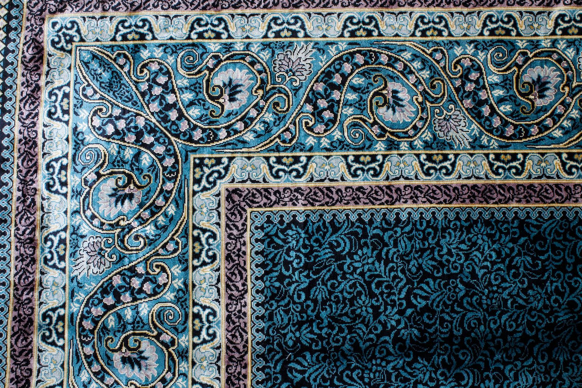 7x10 Black and Blue Turkish Silk Rug
