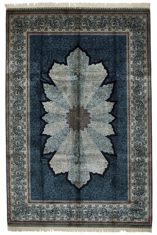 7x10 Black and Blue Turkish Silk Rug
