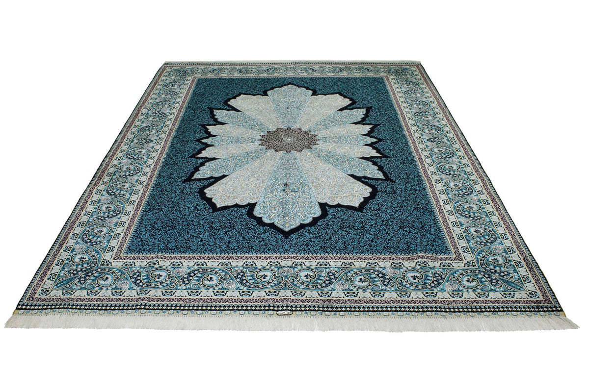 7x10 Black and Blue Turkish Silk Rug