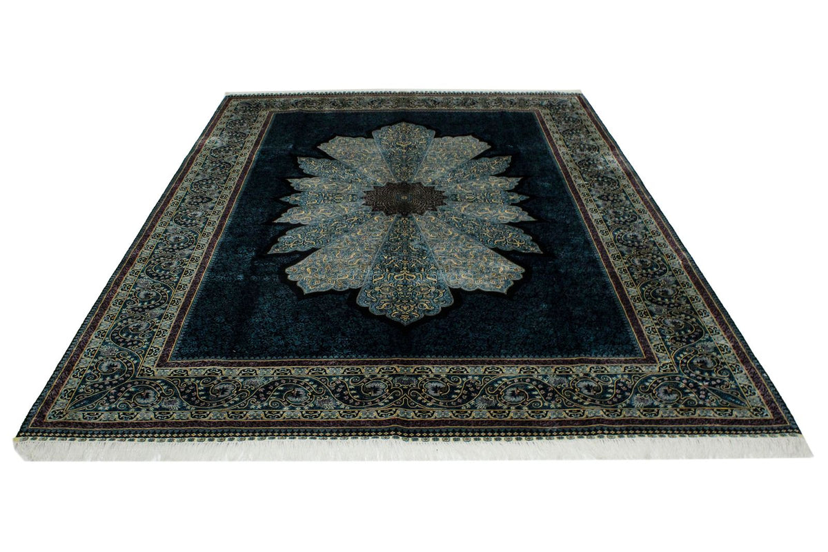 7x10 Black and Blue Turkish Silk Rug
