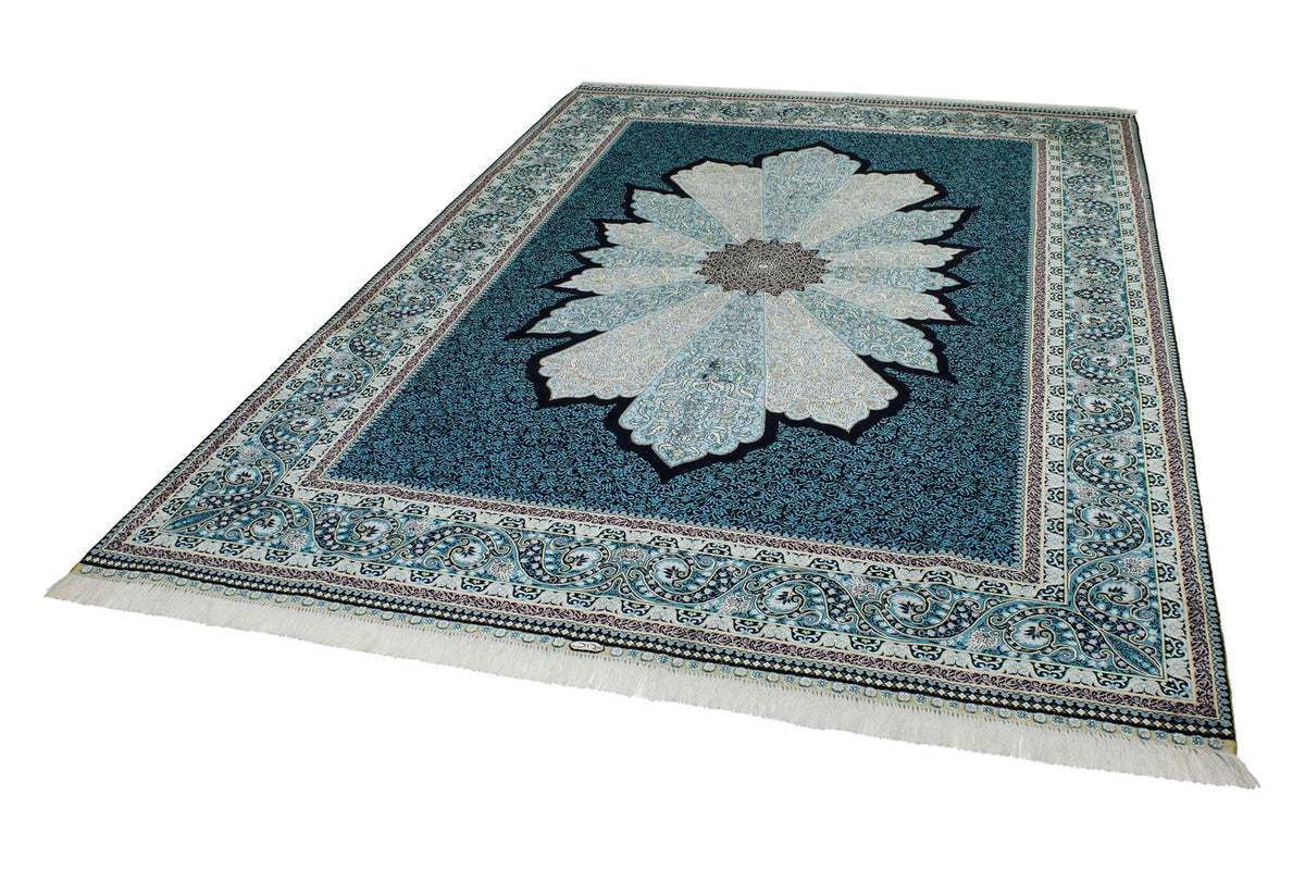 7x10 Black and Blue Turkish Silk Rug