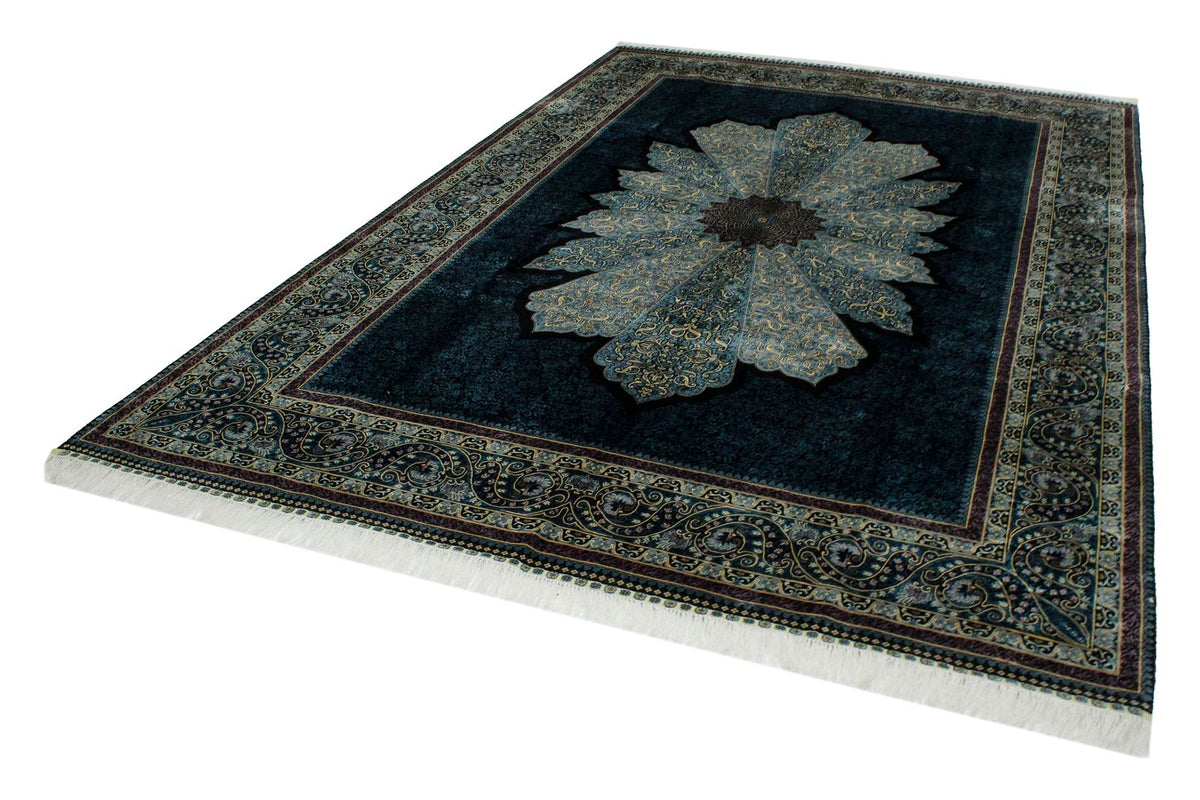 7x10 Black and Blue Turkish Silk Rug