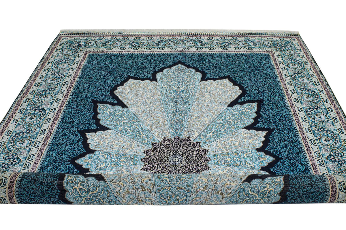 7x10 Black and Blue Turkish Silk Rug