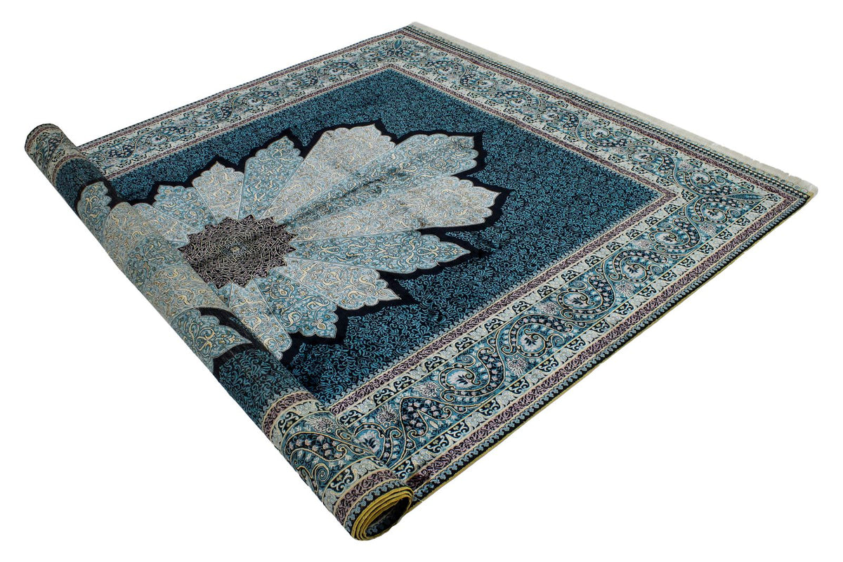 7x10 Black and Blue Turkish Silk Rug
