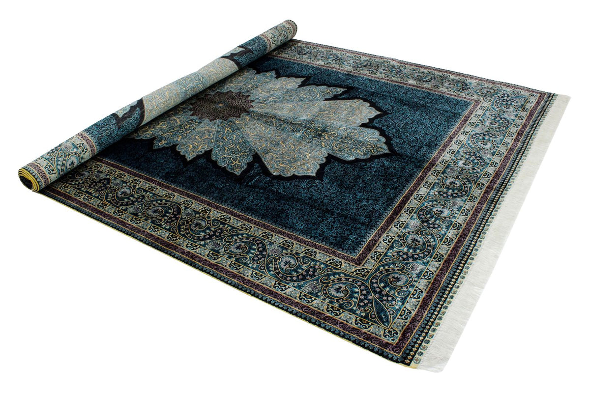 7x10 Black and Blue Turkish Silk Rug