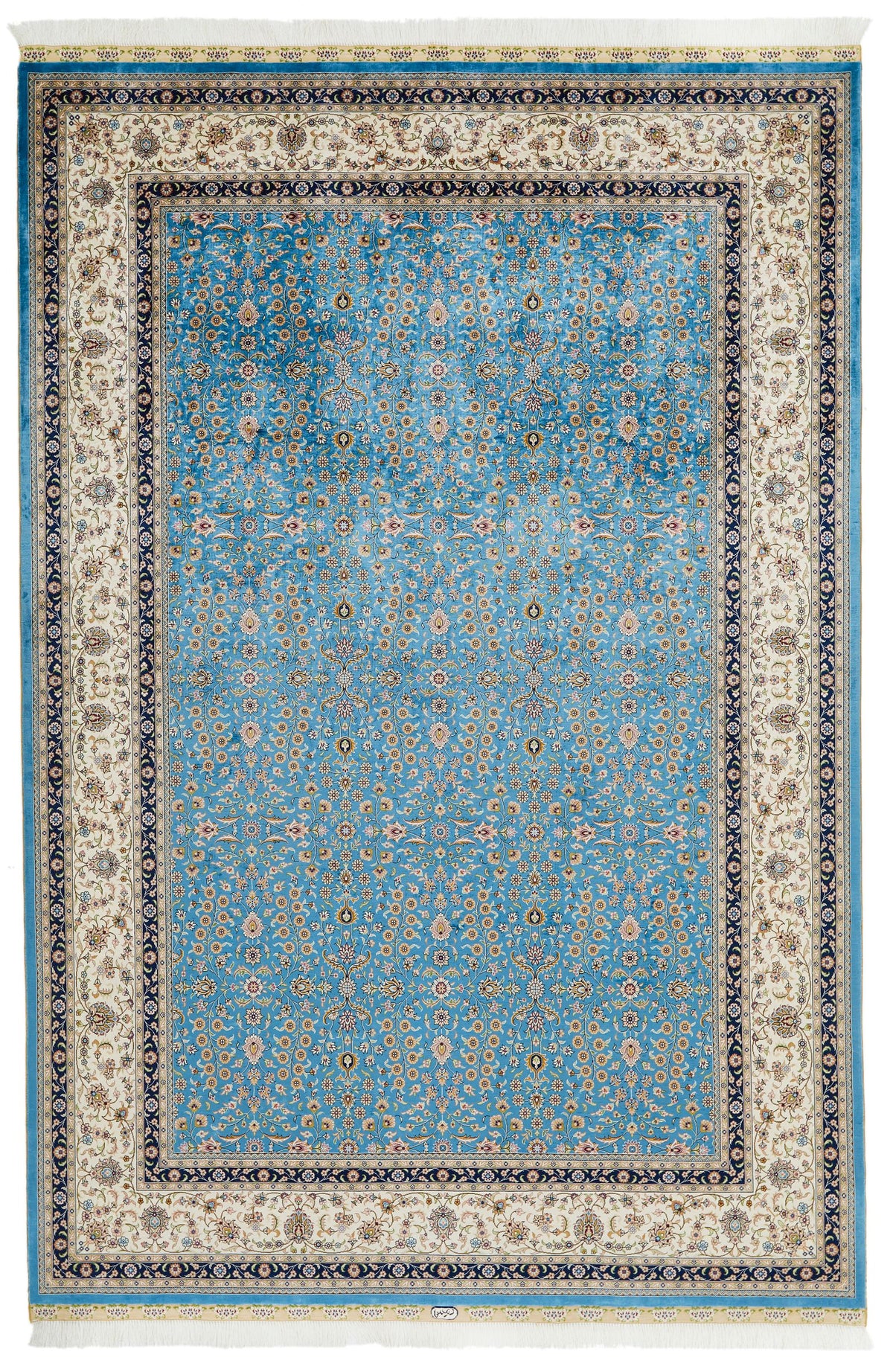 7x10 Blue and Ivory Turkish Silk Rug