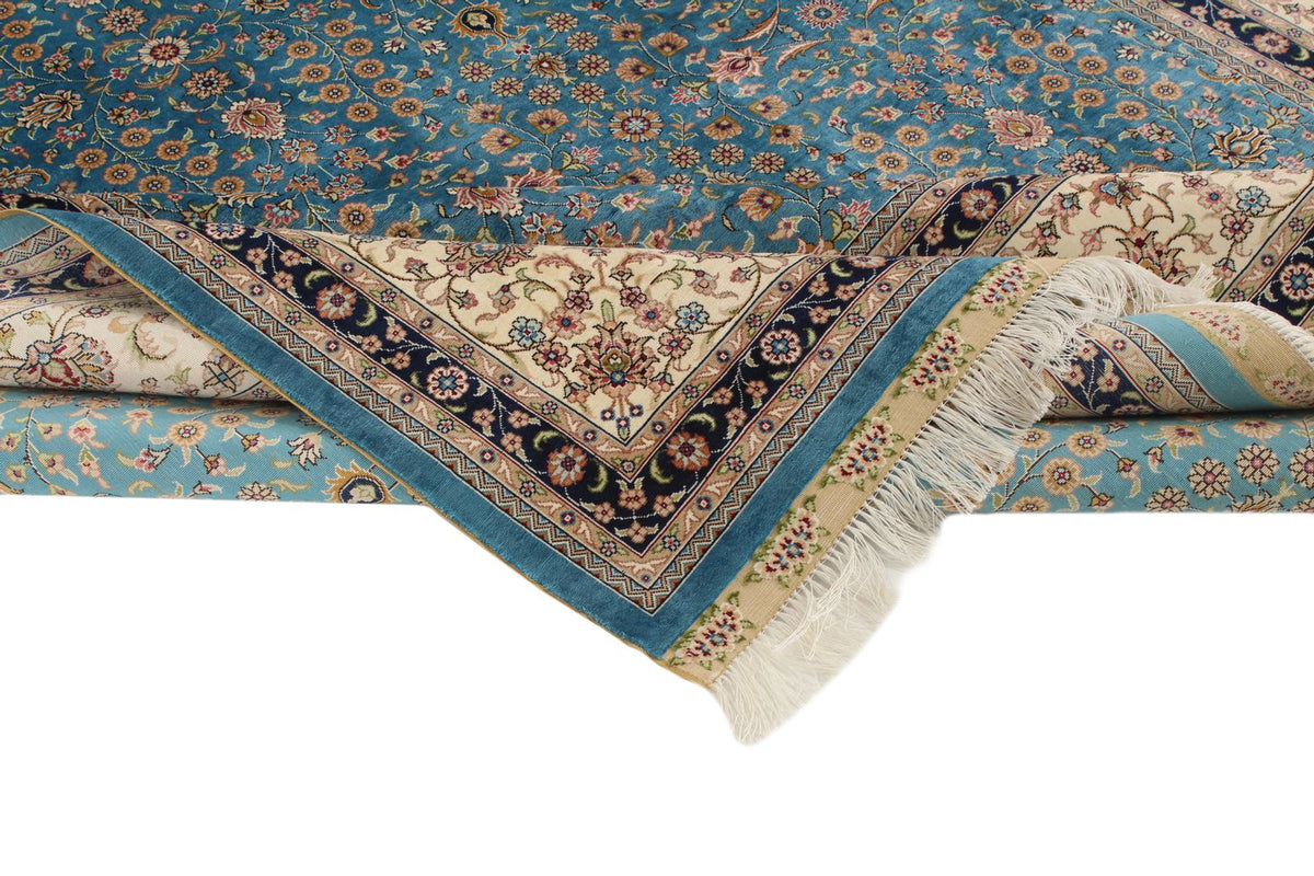 7x10 Blue and Ivory Turkish Silk Rug