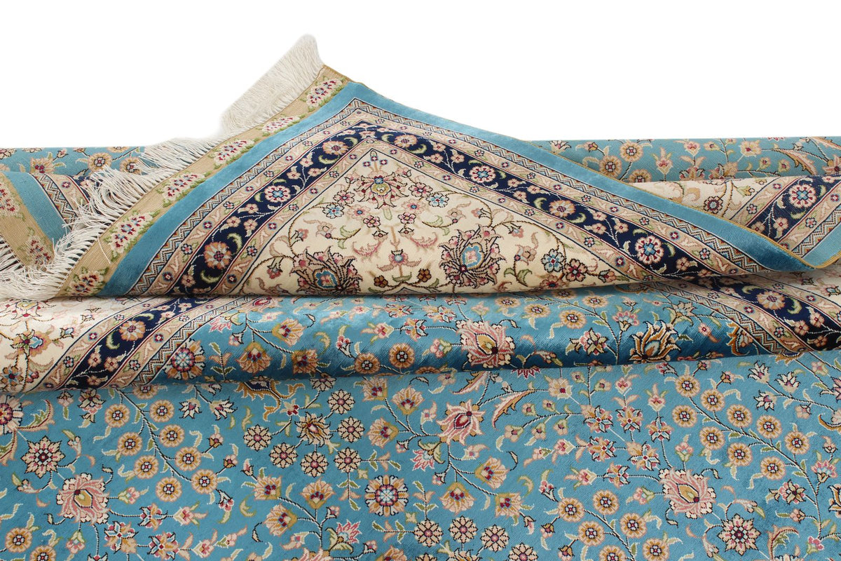 7x10 Blue and Ivory Turkish Silk Rug