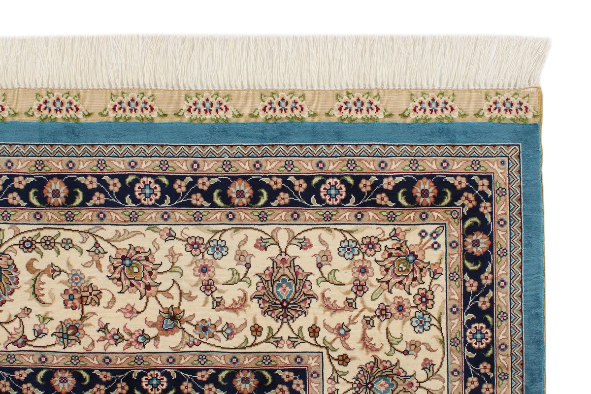 7x10 Blue and Ivory Turkish Silk Rug