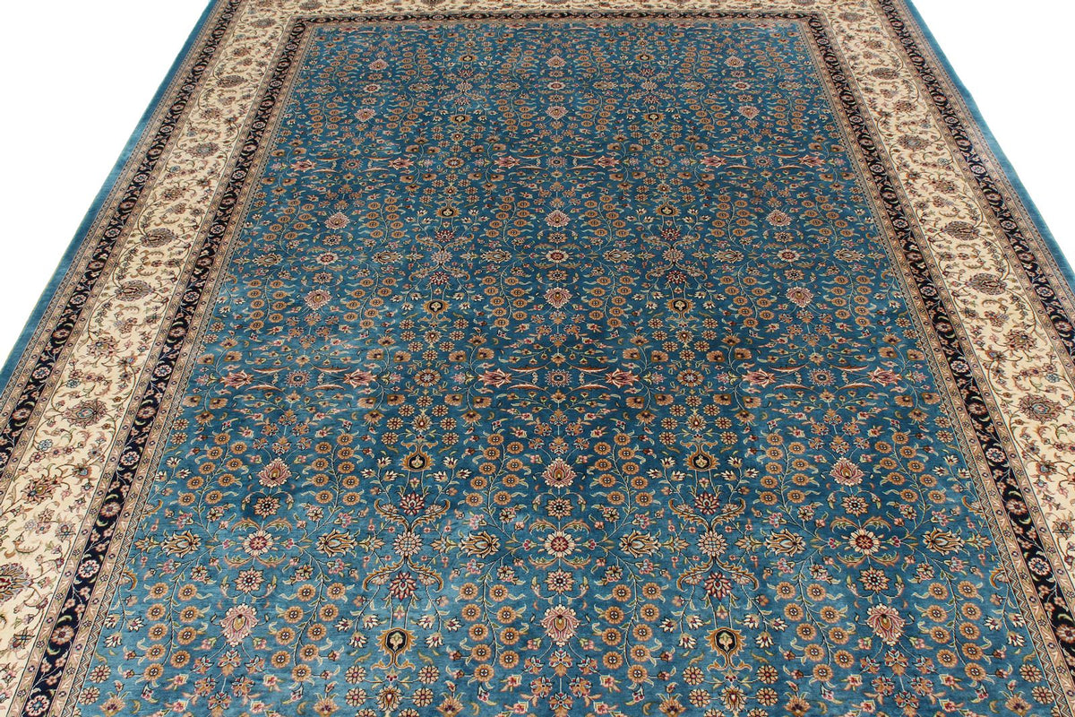 7x10 Blue and Ivory Turkish Silk Rug