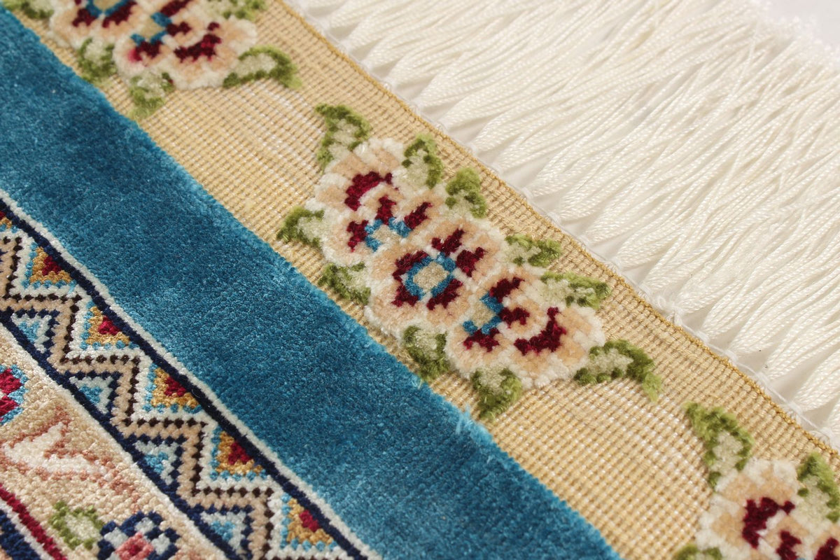 7x10 Blue and Ivory Turkish Silk Rug