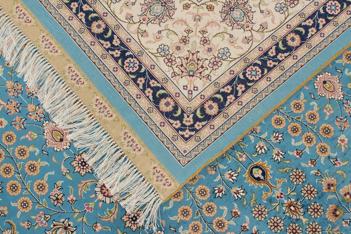 7x10 Blue and Ivory Turkish Silk Rug