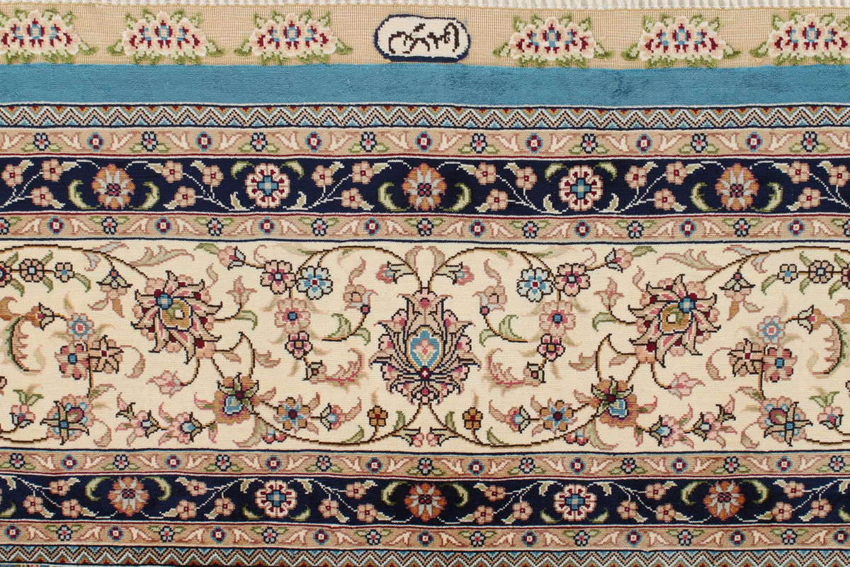 7x10 Blue and Ivory Turkish Silk Rug