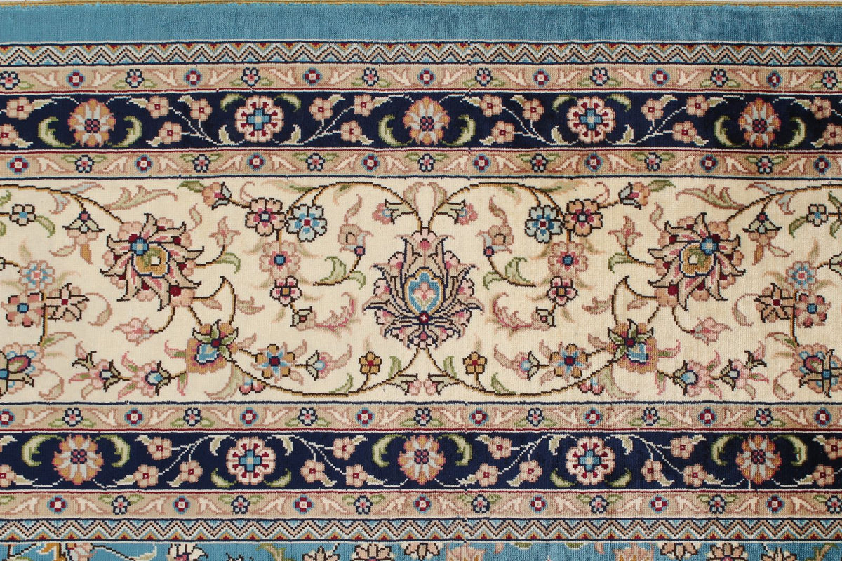 7x10 Blue and Ivory Turkish Silk Rug