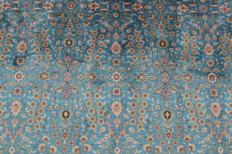 7x10 Blue and Ivory Turkish Silk Rug