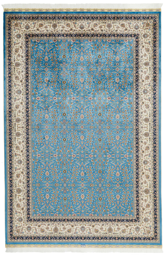 7x10 Blue and Ivory Turkish Silk Rug
