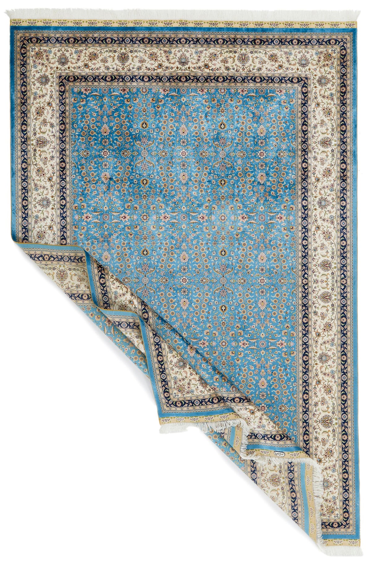 7x10 Blue and Ivory Turkish Silk Rug