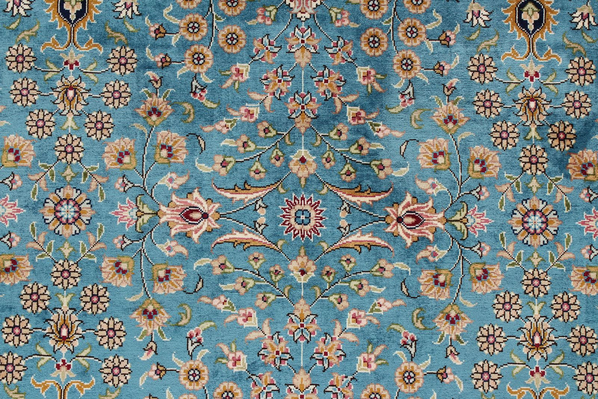 7x10 Blue and Ivory Turkish Silk Rug