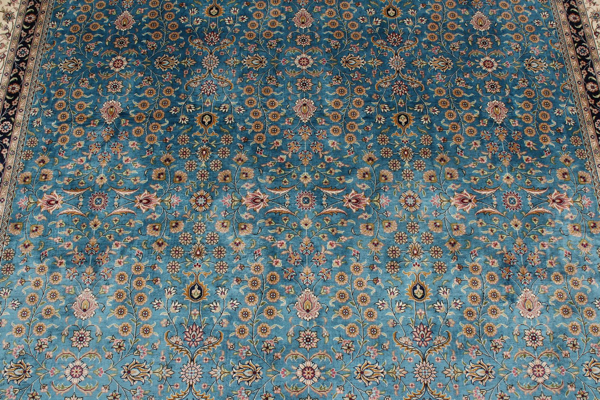 7x10 Blue and Ivory Turkish Silk Rug