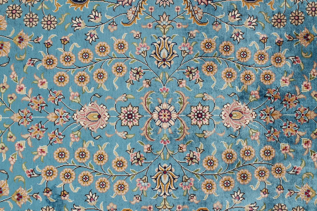 7x10 Blue and Ivory Turkish Silk Rug