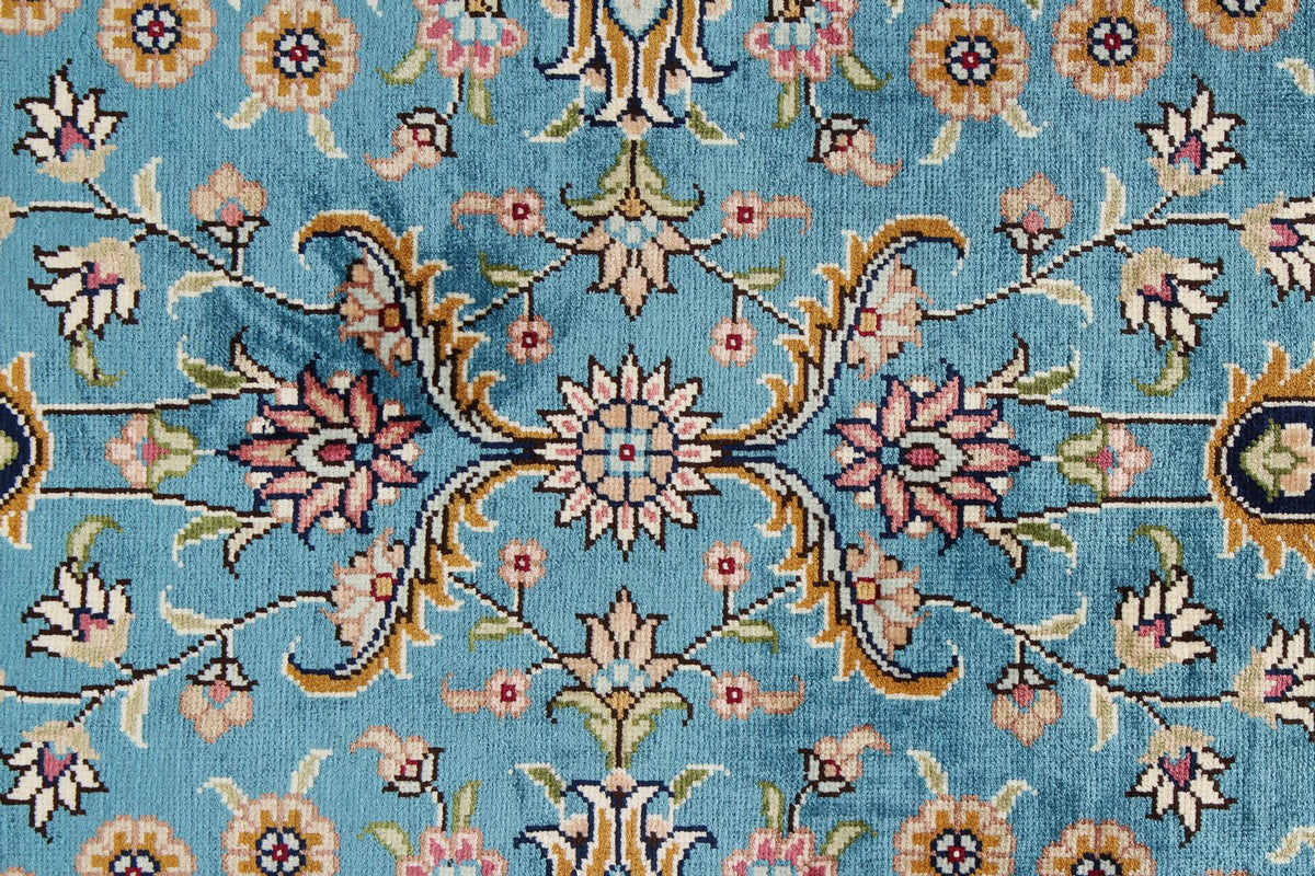 7x10 Blue and Ivory Turkish Silk Rug