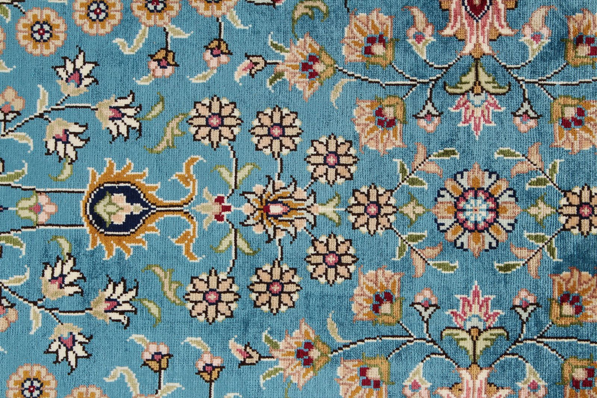 7x10 Blue and Ivory Turkish Silk Rug