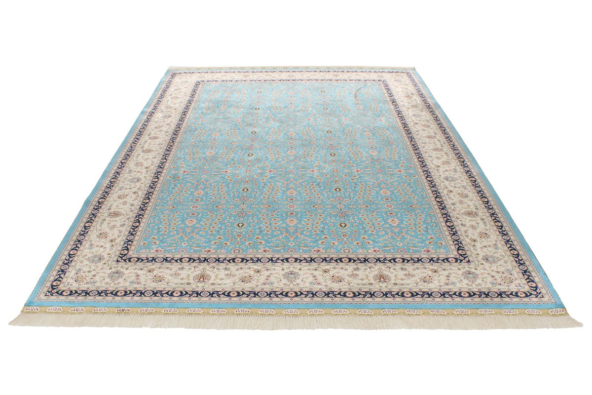 7x10 Blue and Ivory Turkish Silk Rug