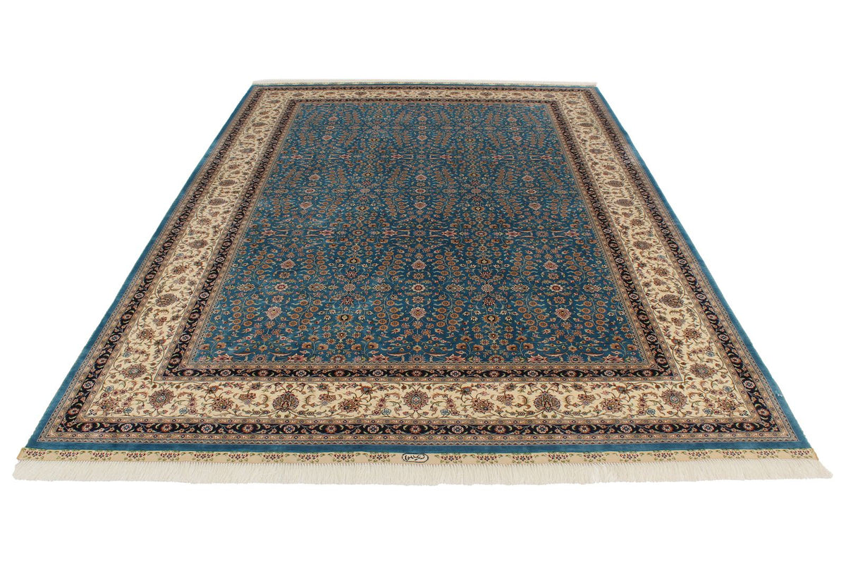 7x10 Blue and Ivory Turkish Silk Rug