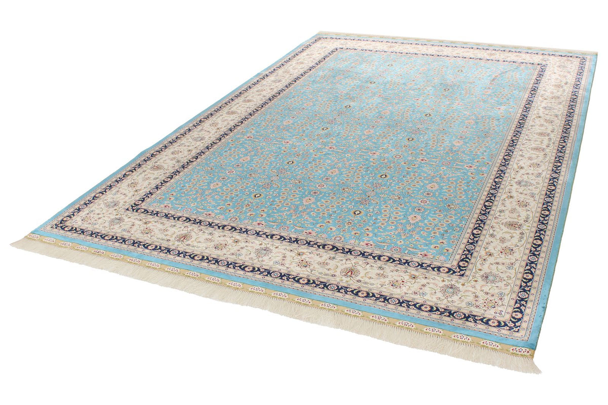 7x10 Blue and Ivory Turkish Silk Rug