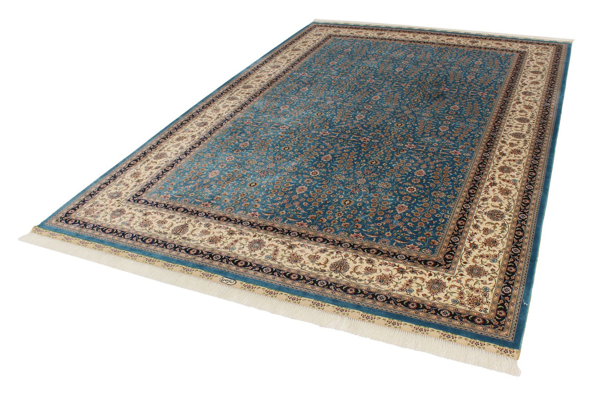 7x10 Blue and Ivory Turkish Silk Rug