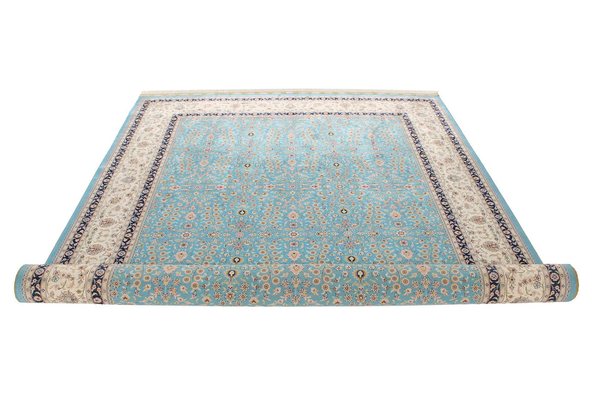 7x10 Blue and Ivory Turkish Silk Rug
