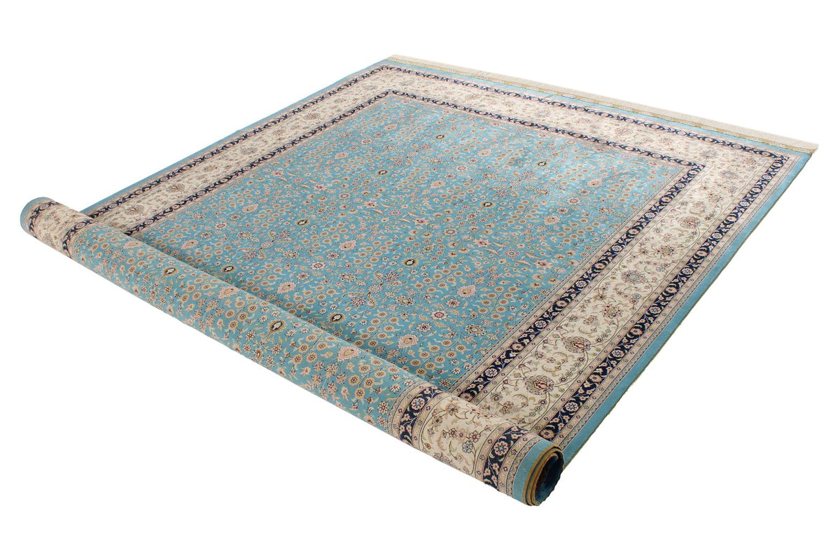 7x10 Blue and Ivory Turkish Silk Rug