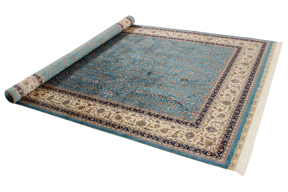 7x10 Blue and Ivory Turkish Silk Rug