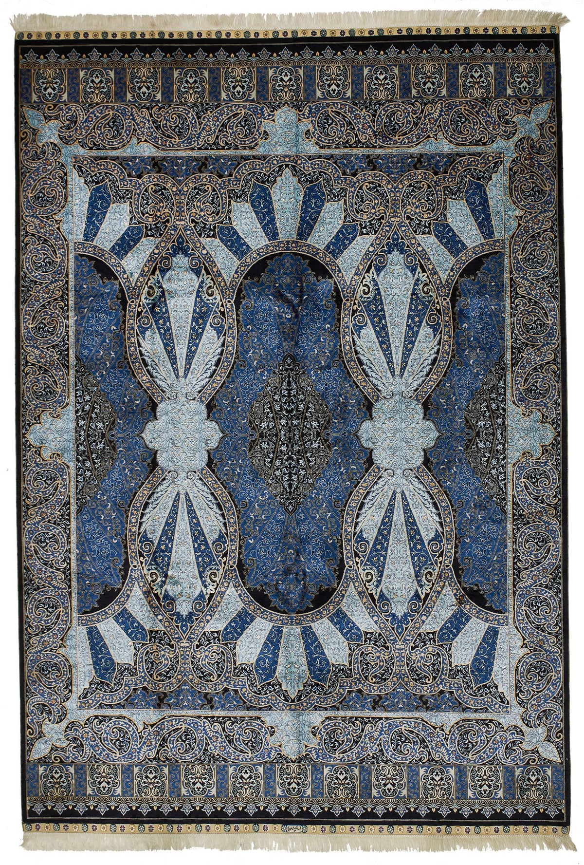 7x10 Black and Blue Turkish Silk Rug