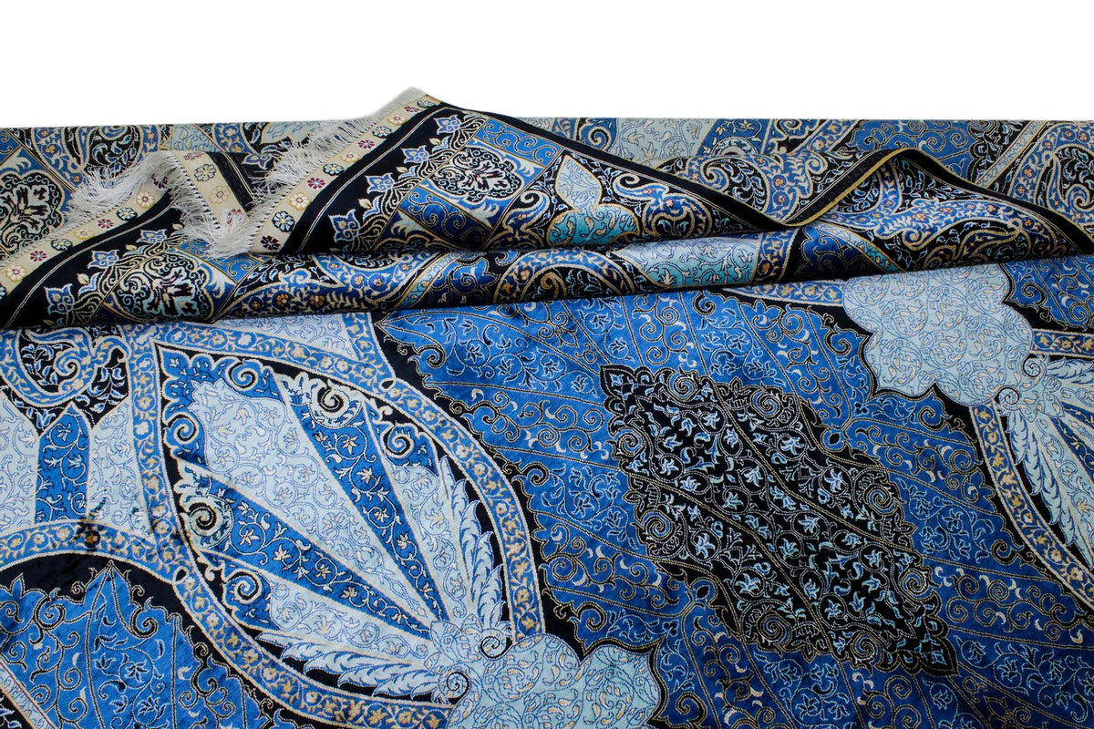7x10 Black and Blue Turkish Silk Rug