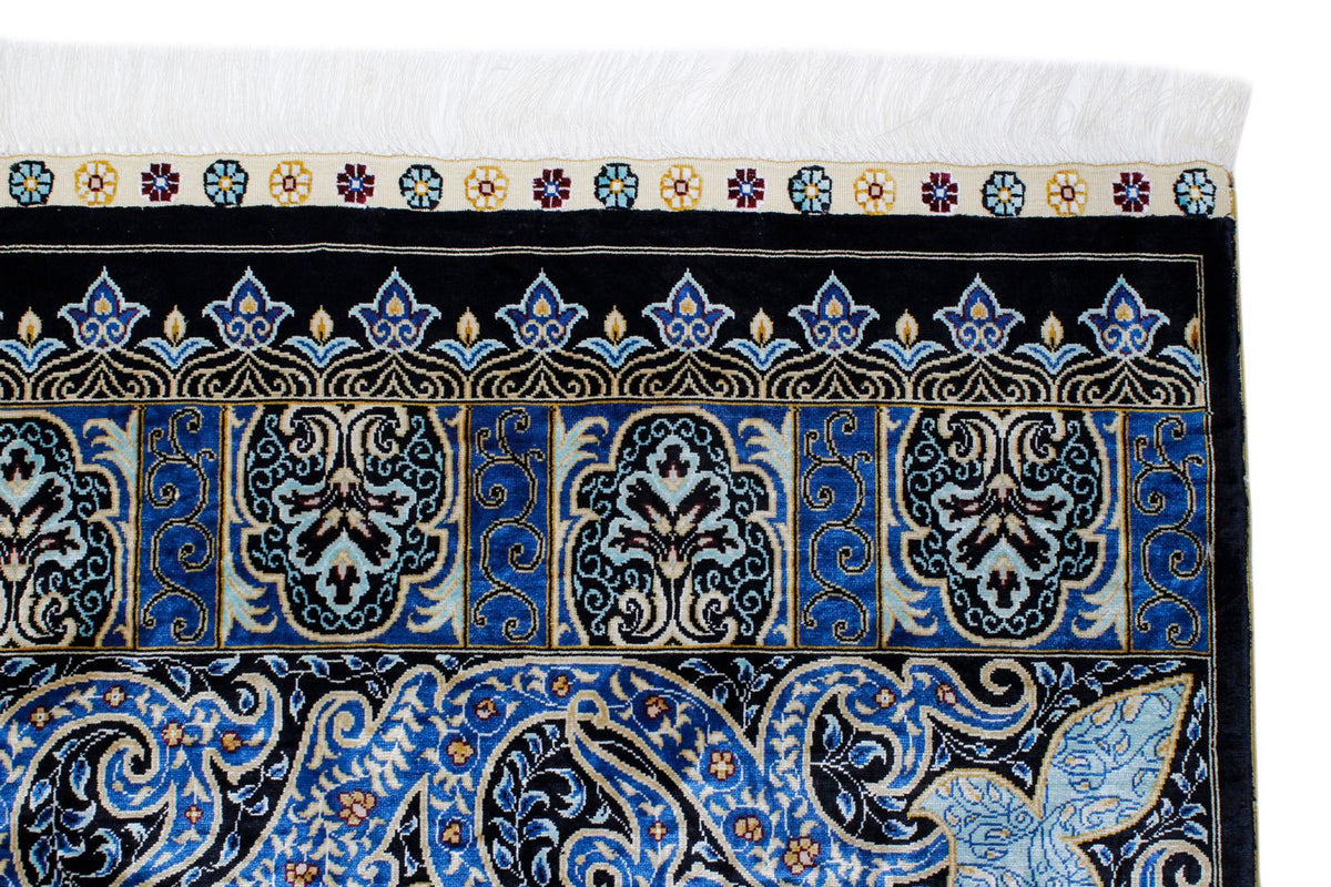 7x10 Black and Blue Turkish Silk Rug